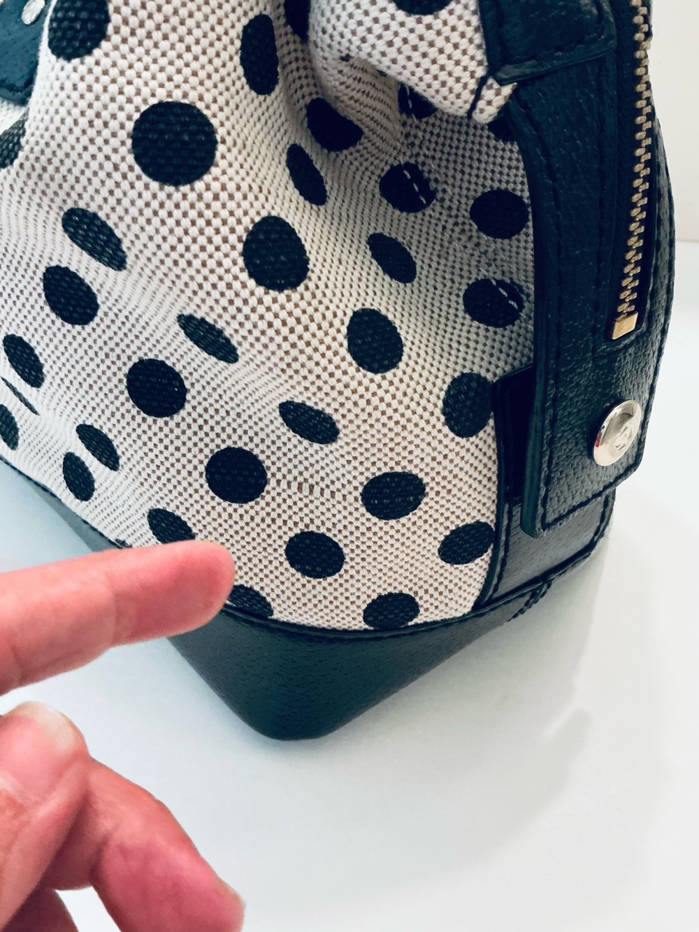 KATE SPADE, Justina Ashlyn Belltown Polka Dot Canvas and Leather Satchel Handbag - Picture 11 of 16